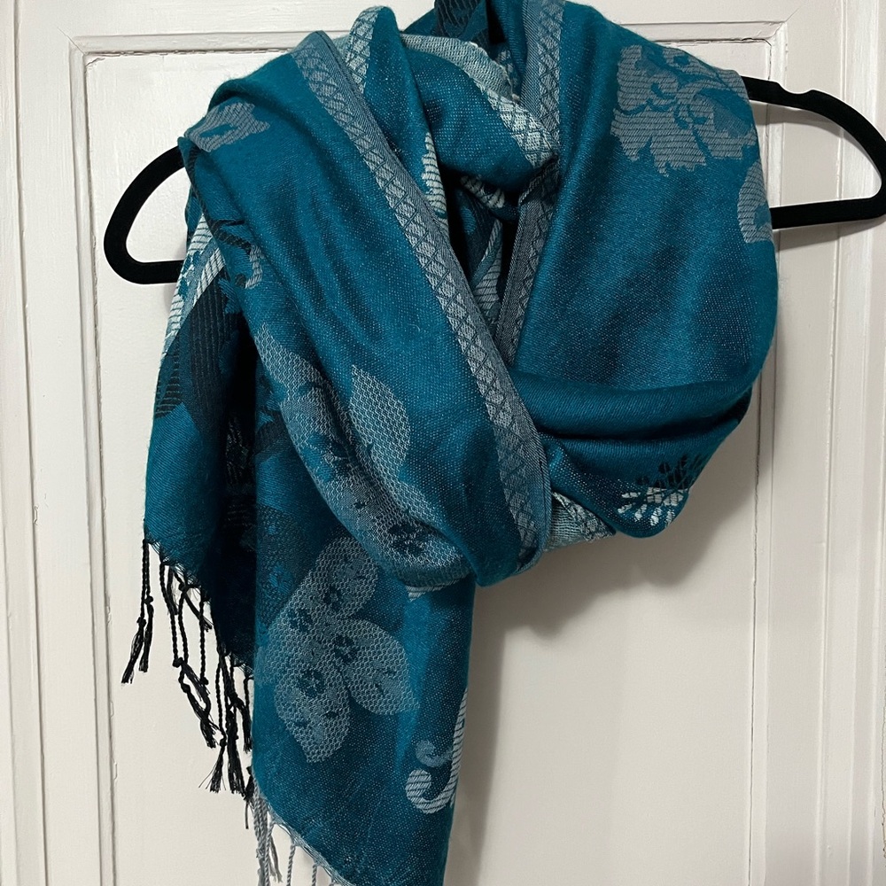 Double-Sided Teal Floral Pashmina Scarf